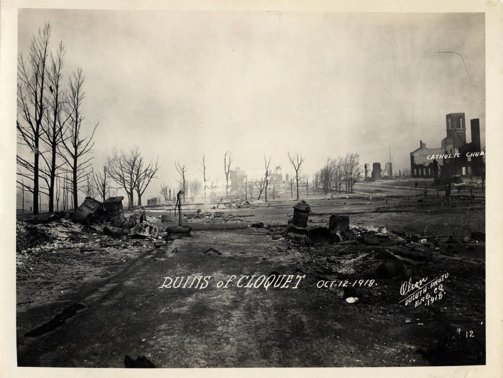 Burned-out ground and bare trees in Cloquet after the fire, with the brick shells of two churches in the distance