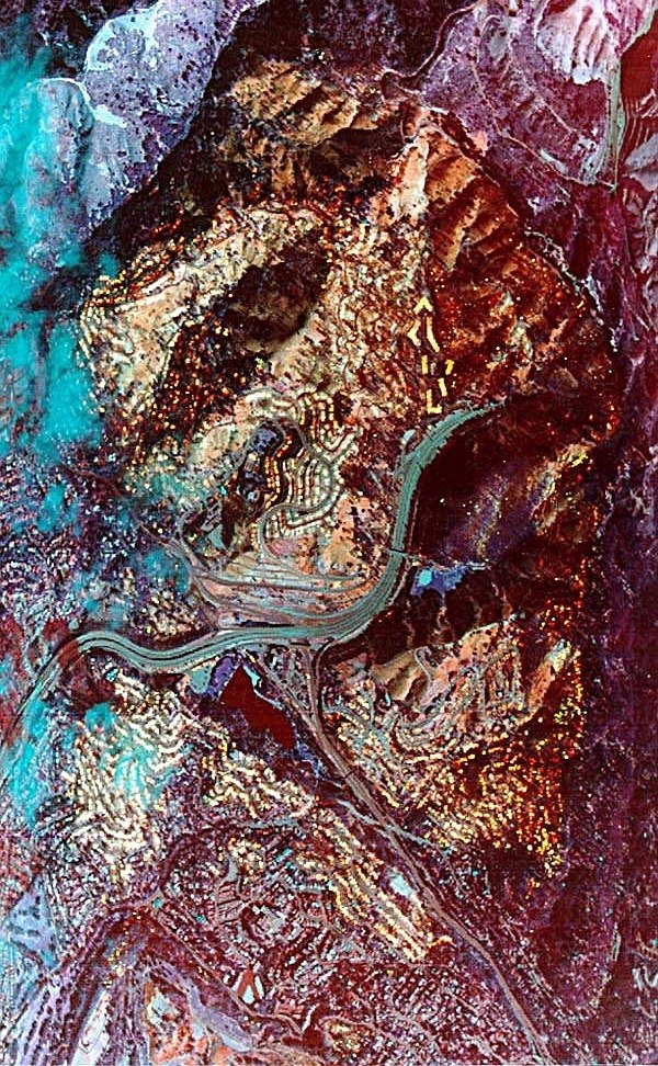 False-color infrared aerial photograph of the fire area in the Oakland hills, with a curving freeway interchange near the center